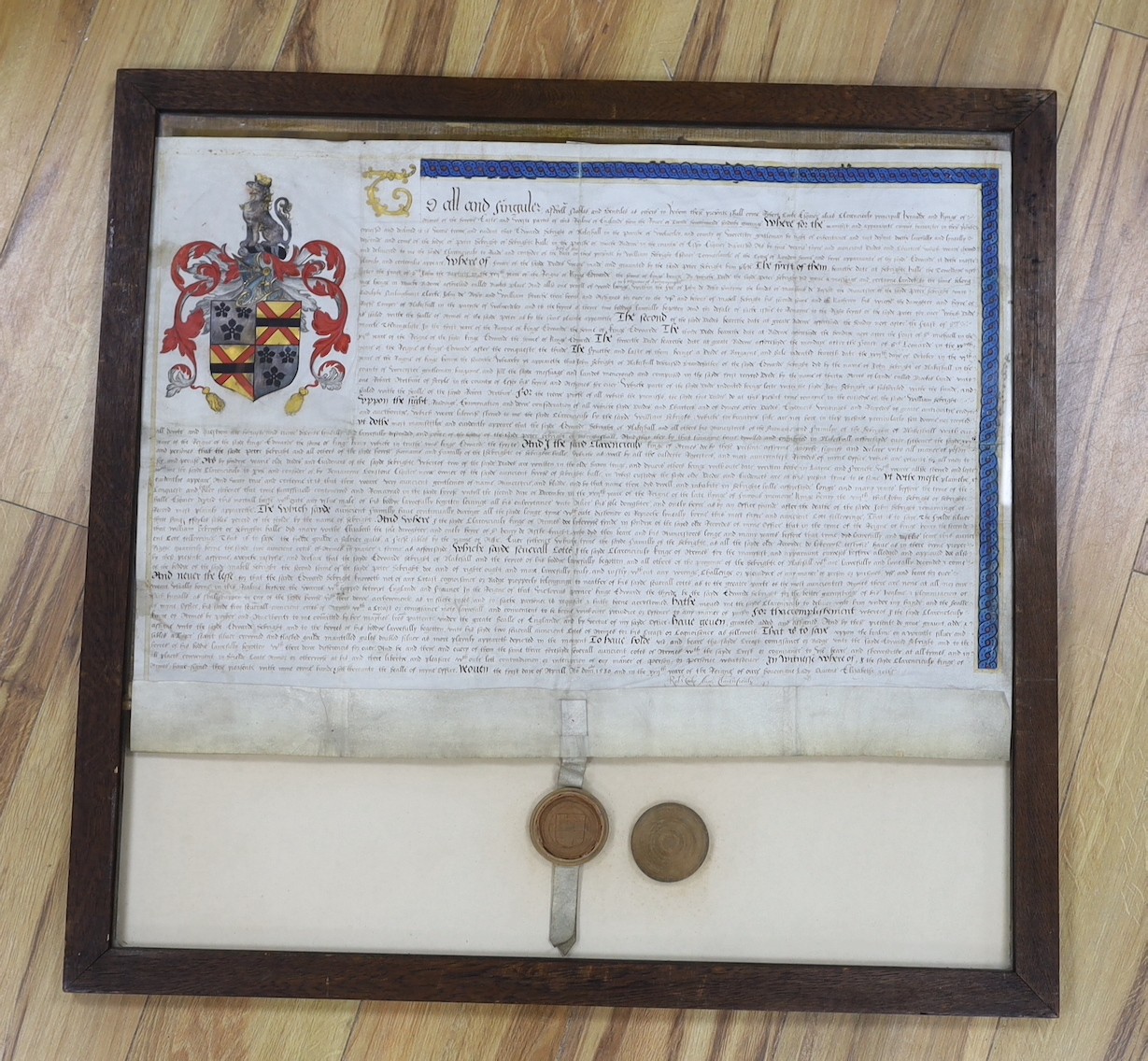 Two documents relating to a grant of arms to Edward Sebright of Blakeshall in Wolverley, Worcestershire, gentleman, April 1580